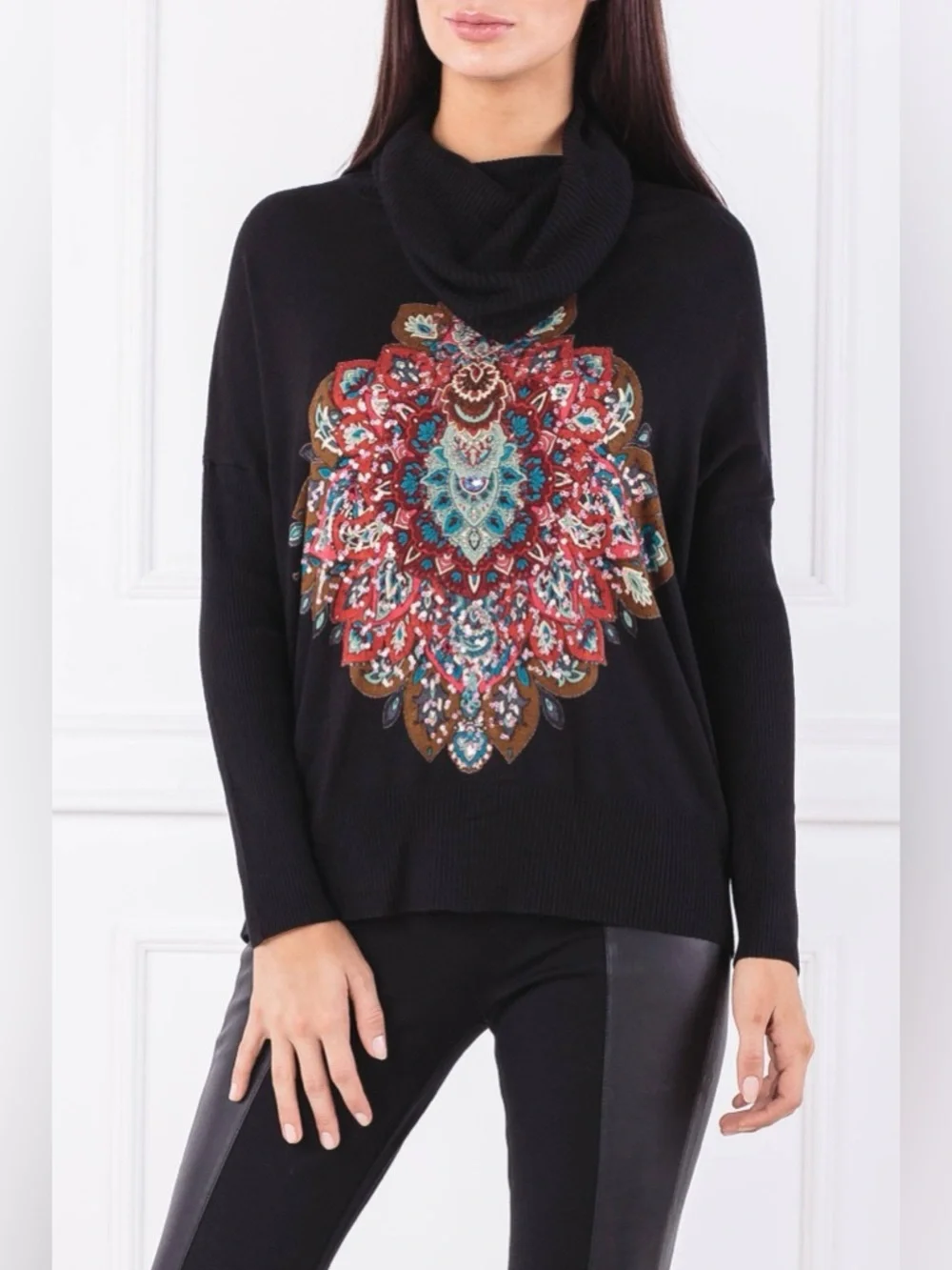 Desigual Cassandra Cowl Neck Sweater with Multicolor Sequins Medallion Print - Picture 1 of 10